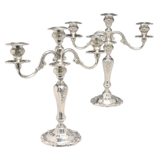 A PAIR OF AMERICAN SILVER THREE-LIGHT CANDELABRA,