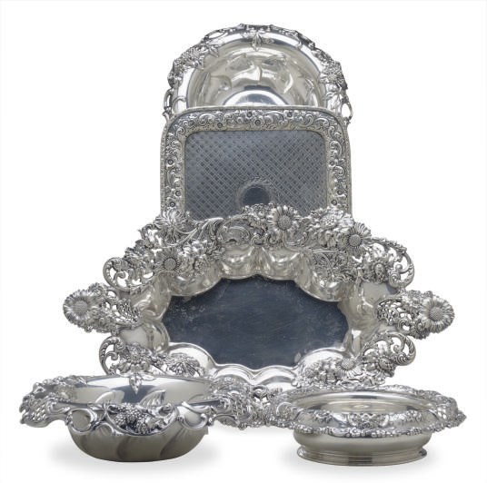 THREE AMERICAN SILVER BOWLS, AN OVAL BOWL, AND A WAITER,