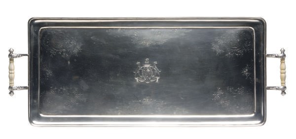 AN AMERICAN SILVER RECTANGULAR TRAY WITH IVORY HANDLES,**