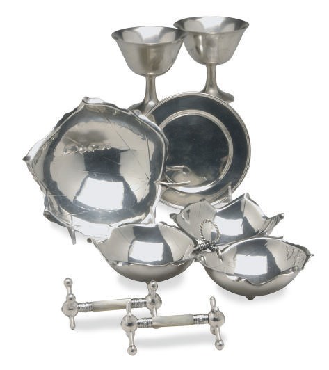 A GROUP OF AMERICAN SILVER SERVING PIECES AND GOBLETS AND A PAIR OF VICTORIAN SILVER AND MOTHER-OF-PEARL KNIFE RESTS,