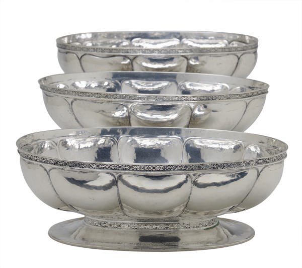 THREE SILVER LOBED OVAL DISHES,