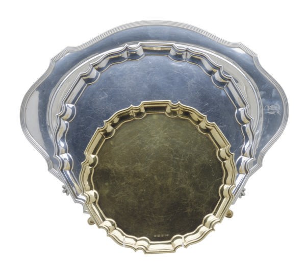 TWO GEORGE VI SILVER SALVERS AND AN AMERICAN SILVER WELL AND TREE PLATTER,