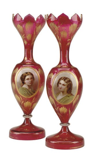 A PAIR OF BOHEMIAN CRANBERRY GLASS VASE INSET WITH PORCELAIN PLAQUES,