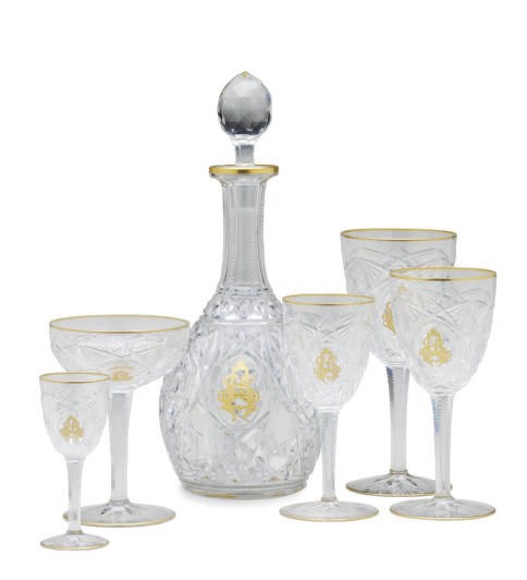 A FRENCH CUT GLASS MONOGRAMMED PART STEMWARE SERVICE,