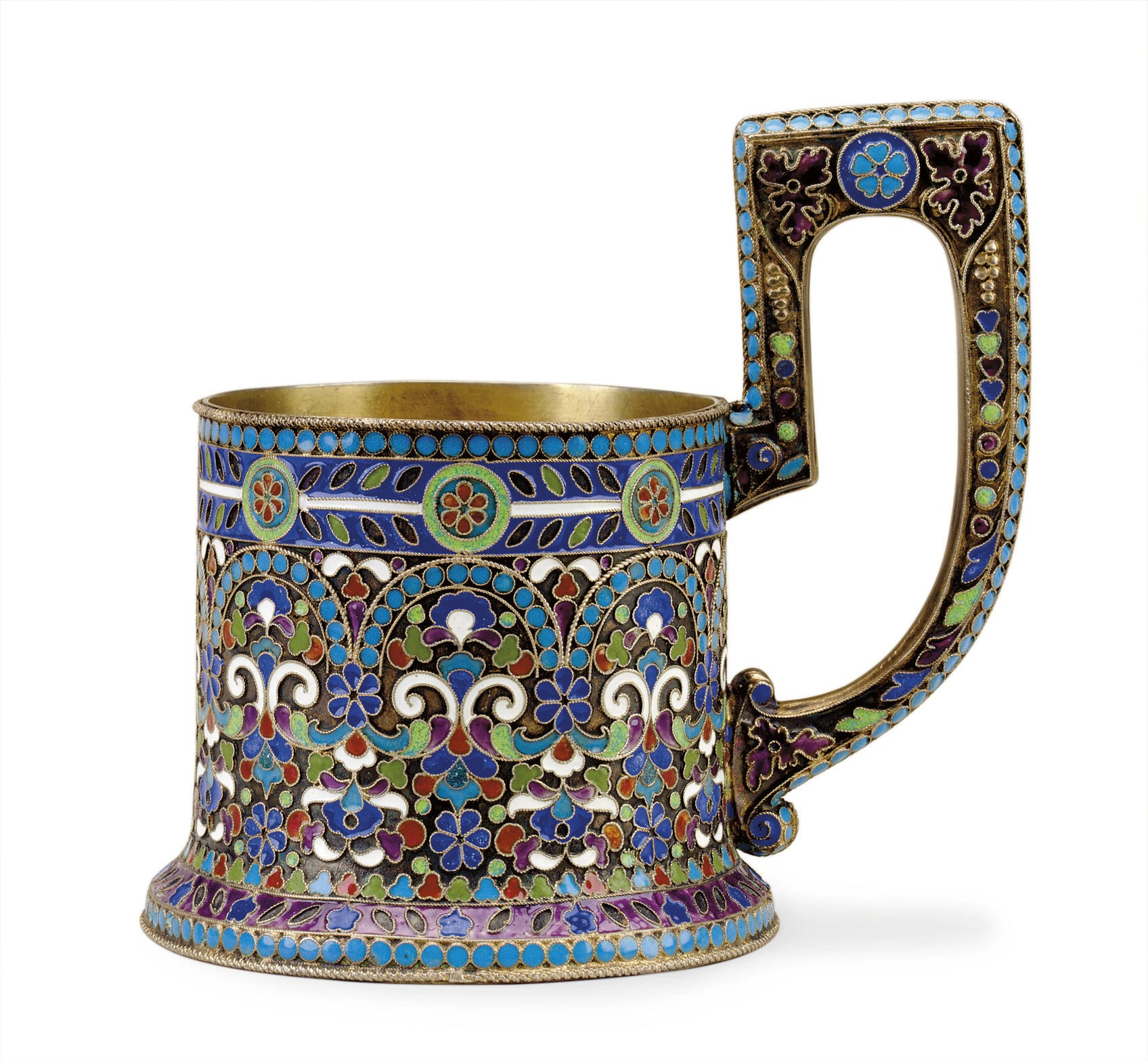 A RUSSIAN ENAMELED SILVER GLASS HOLDER,