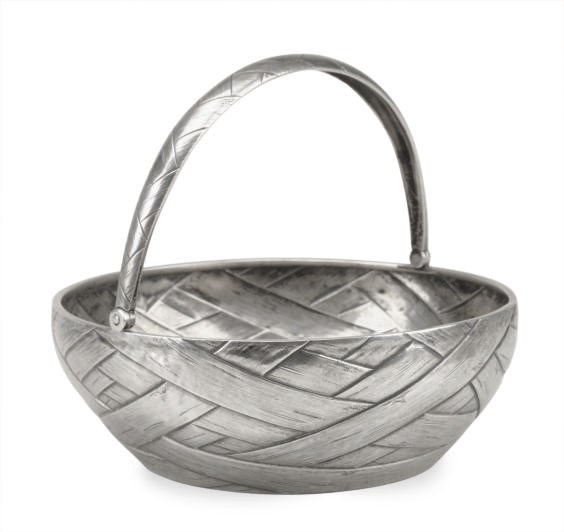 A RUSSIAN SILVER TROMPE L'OEIL BASKET WITH HINGED OVERHANDLE,