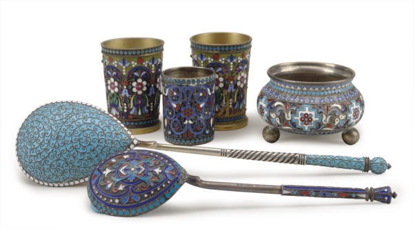 A GROUP OF RUSSIAN CLOISONNÈ ENAMELED AND SILVER TABLEWARES,