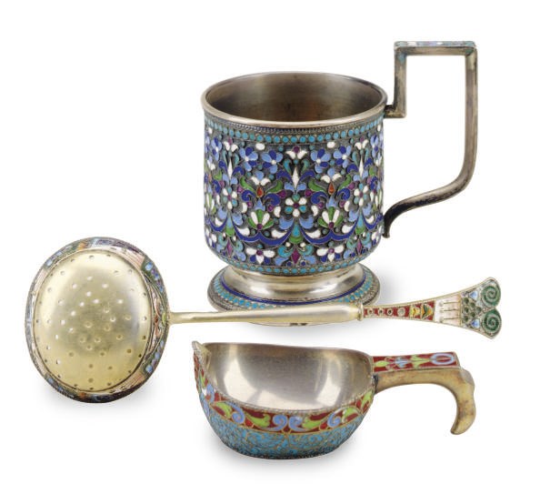 THREE RUSSIAN ENAMELED SILVER USEFUL WARES,