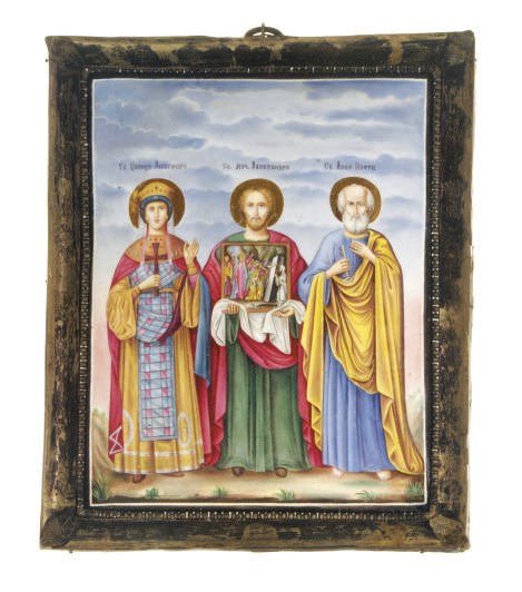 A RUSSIAN ENAMEL-ON-COPPER ICON OF THREE SAINTS,