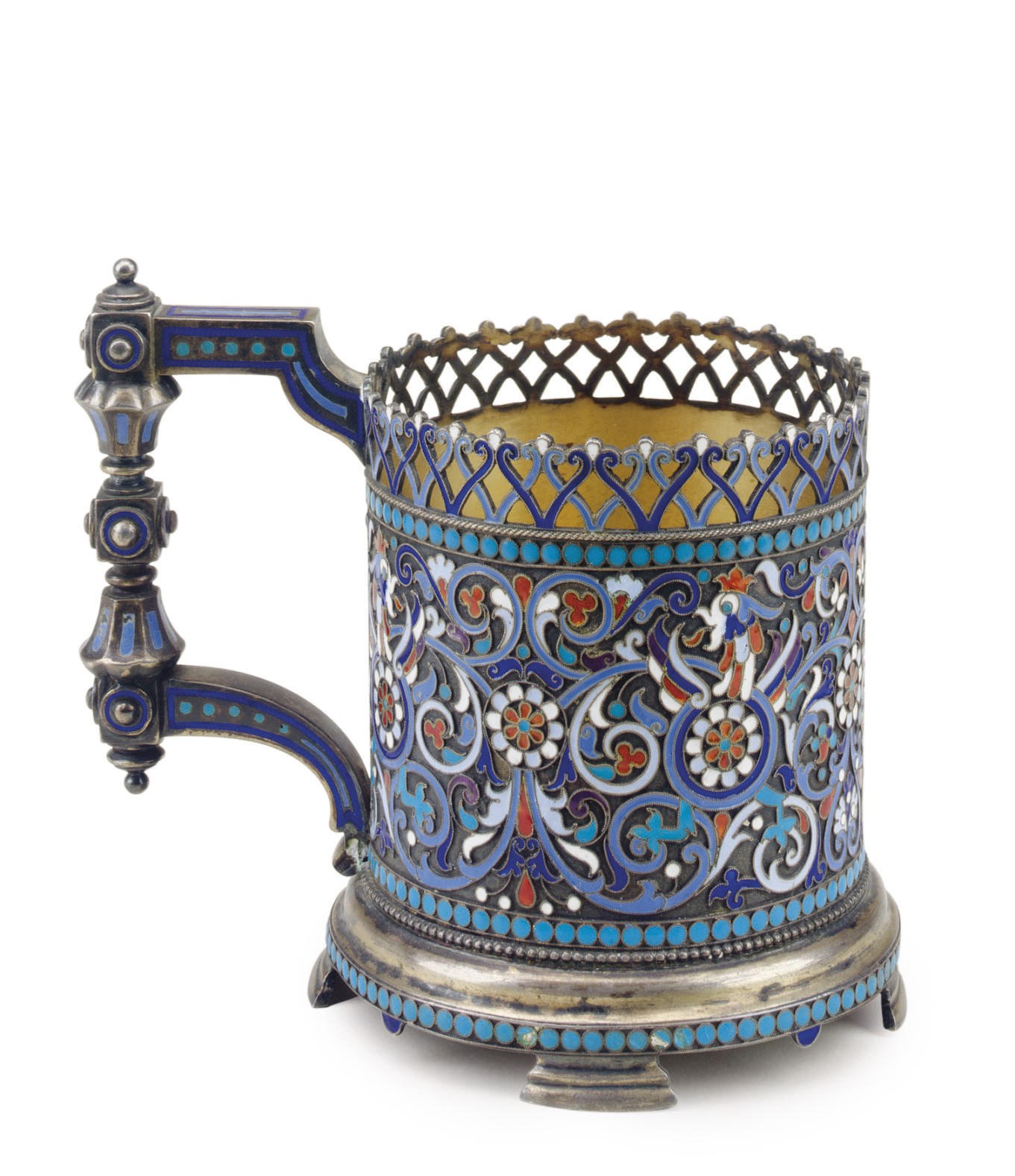 A RUSSIAN SILVER AND ENAMEL GLASS HOLDER,