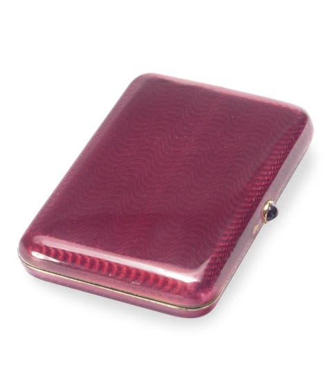 A FABERGE-STYLE GUILLOCHE ENAMELED GOLD CIGARETTE CASE,
