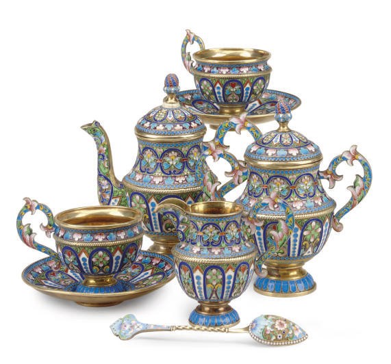 A RUSSIAN ENAMELED SILVER TEA SET,