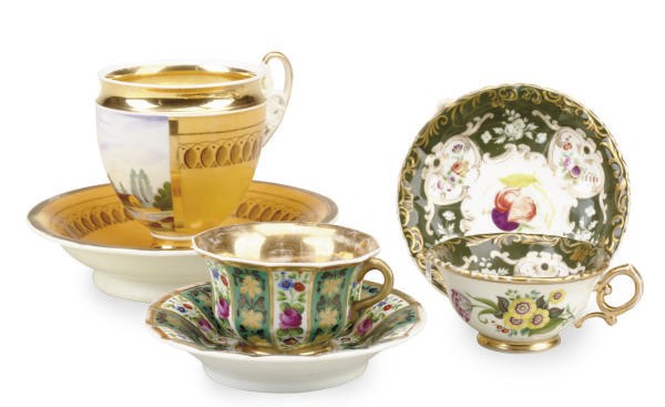 THREE RUSSIAN TEA CUPS AND SAUCERS,