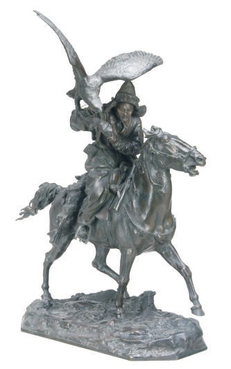 A RUSSIAN BRONZE GROUP OF A FALCONER,