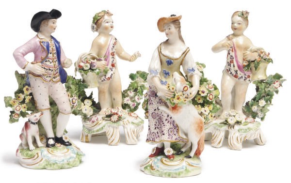A PAIR OF ENGLISH PORCELAIN FIGURES OF PUTTI EMBLAMATIC OF SPRING,