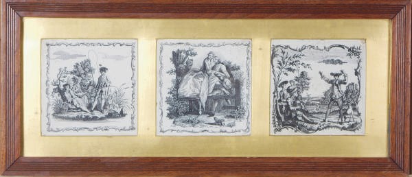 A GROUP OF THREE ENGLISH DELFTWARE BLACK TRANSFER-PRINTED TILES,