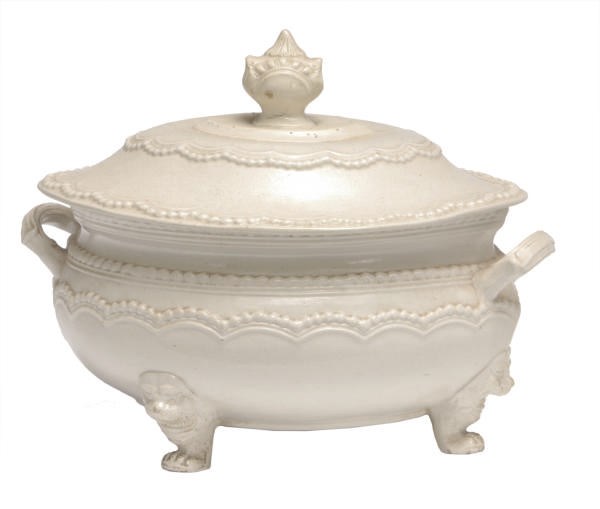 FOUR STAFFORDSHIRE WHITE SALTGLAZE STONEWARE GRADUATED OVAL PLATTERS AND THREE CIRCULAR CHARGERS,