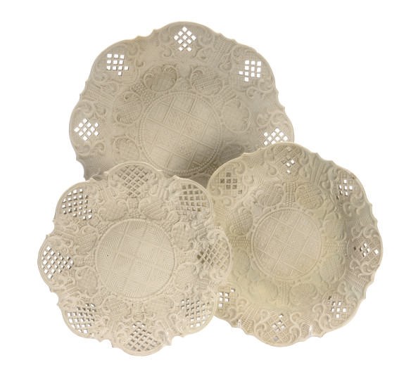 THREE STAFFORDSHIRE SALT-GLAZED WHITE STONEWARE PIERCED DISHES,