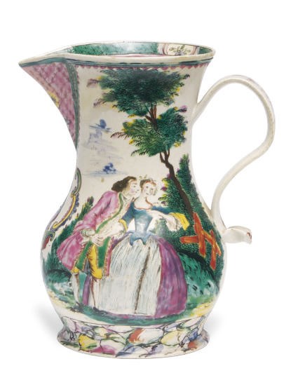 A STAFFORDSHIRE SALT-GLAZED JACOBITE BALUSTER FORM JUG,