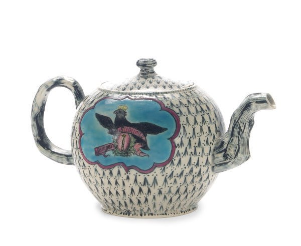 A STAFFORDSHIRE SALT-GLAZED STONEWARE GLOBULAR 'KING OF PRUSSIA' TEAPOT AND COVER,