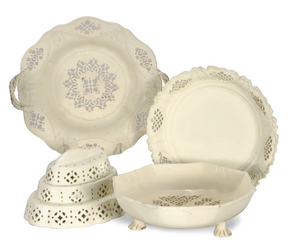 A GROUP OF FOUR STAFFORDSHIRE CREAMWARE RETICULATED WARES,