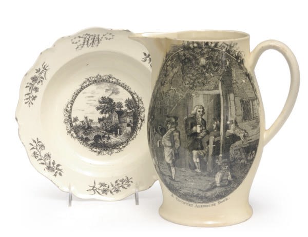 AN ENGLISH CREAMWARE TRANSFER-PRINTED PITCHER AND THREE CREAMWARE DISHES,