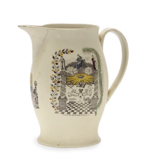 AN ENGLISH MASONIC CREAMWARE TRANSFER-PRINTED JUG,
