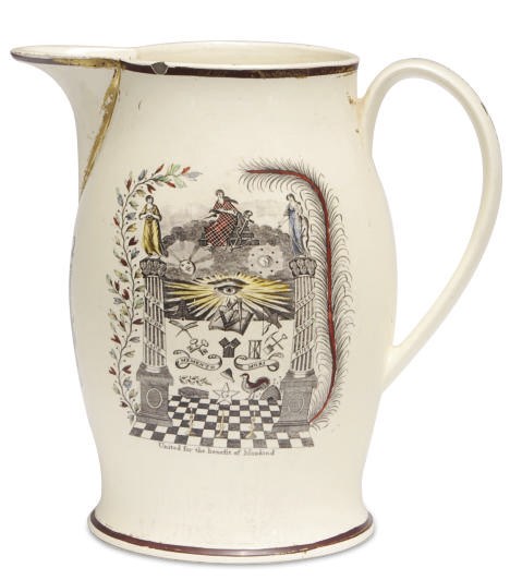 AN ENGLISH MASONIC CREAMWARE TRANSFER-PRINTED JUG,