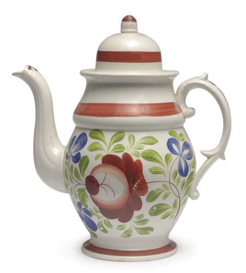 AN ENGLISH POTTERY 'GAUDY DUTCH' COFFEE-POT AND COVER PAINTED IN THE 'KING'S ROSE' PATTERN,