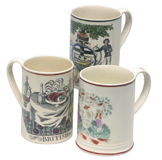THREE STAFFORDSHIRE CREAMWARE BLACK TRANSFER PRINTED MUGS,