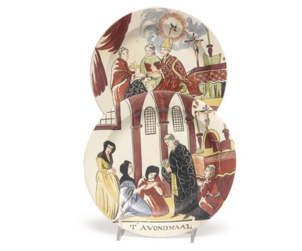 TWO STAFFORDSHIRE CREAMWARE DUTCH-DECORATED BIBLICAL PLATES,
