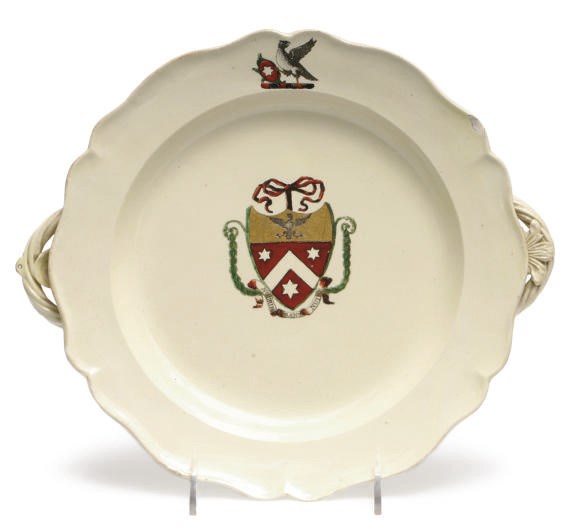 A SET OF SIX STAFFORDSHIRE ARMORIAL TWO-HANDLED HOT WATER PLATES,