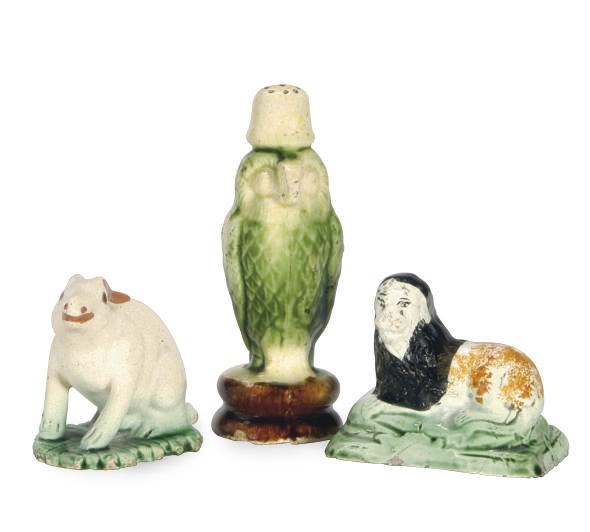 THREE STAFFORDSHIRE POTTERY MODELS OF ANIMALS,