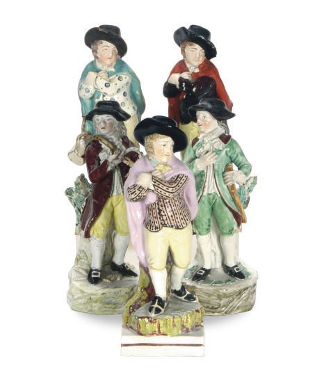 FIVE STAFFORDSHIRE PEARLWARE FIGURES EMBLEMATIC OF THE SEASONS,