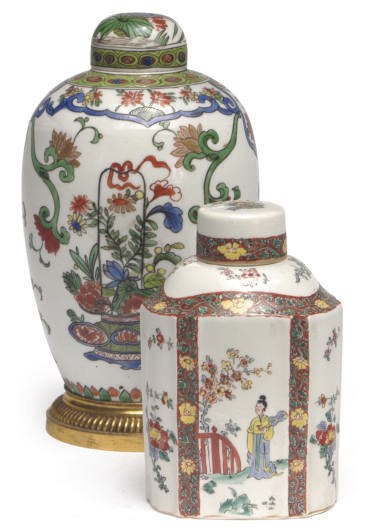 A GILT METAL-MOUNTED FRENCH PORCELAIN VASE AND COVER AND A CHANTILLY STYLE TEA CADDY AND COVER,