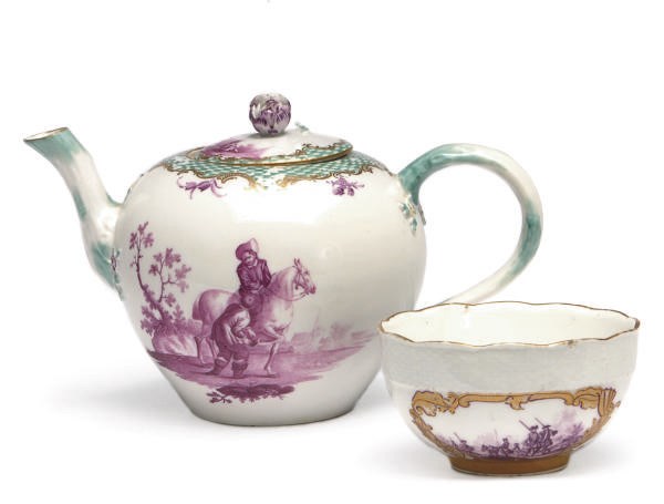 A GERMAN PORCELAIN GREEN MOSAIK PURPURMALEREI BULLET-FORM TEAPOT AND COVER AND AN OZIER-MOLDED TEABOWL,