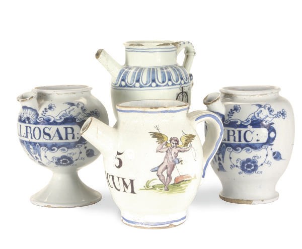 TWO LONDON DELFT BLUE AND WHITE WET DRUG JARS,