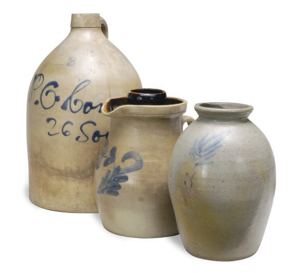 AN AMERICAN SALTGLAZE STONEWARE JUG, A CROCK, A PITCHER, AND A COVER,