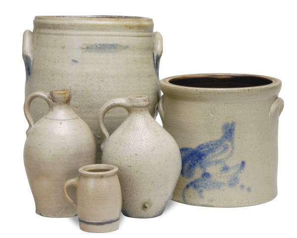 TWO AMERICAN SALTGLAZE STONEWARE CROCKS, A JUG, AND A MUG,
