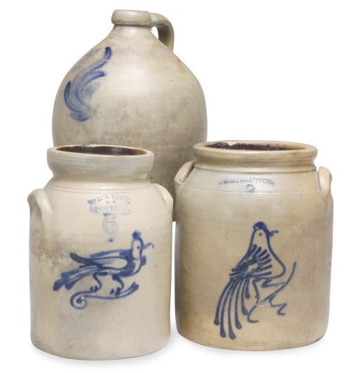 AN AMERICAN SALTGLAZE STONEWARE JUG AND TWO CROCKS,