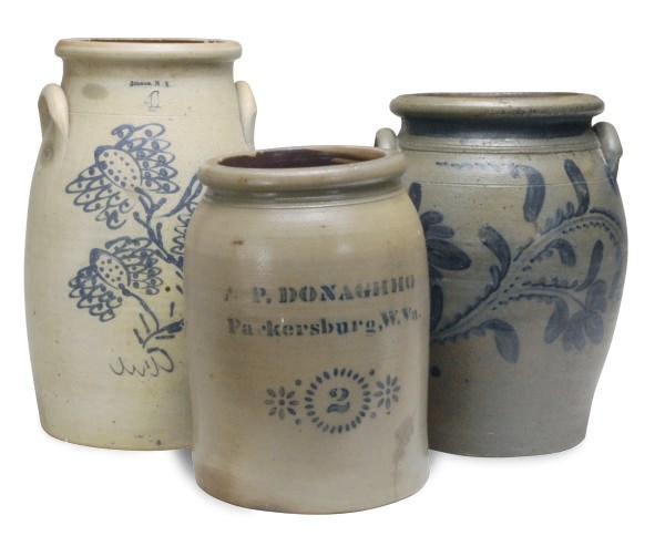 THREE AMERICAN STONEWARE SALTGLAZE BUTTER CHURNS,