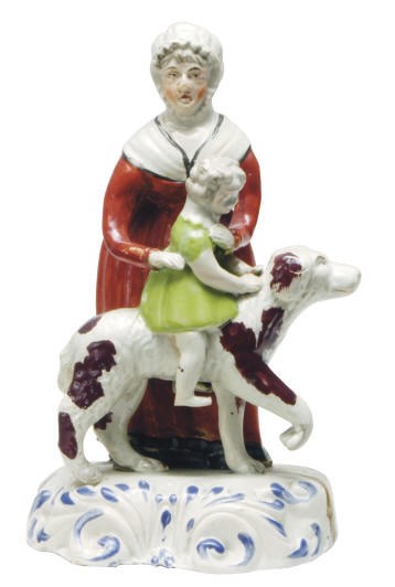 A STAFFORDSHIRE PEARLWARE GROUP OF MOTHER HELPING HER CHILD RIDE THE FAMILY DOG,