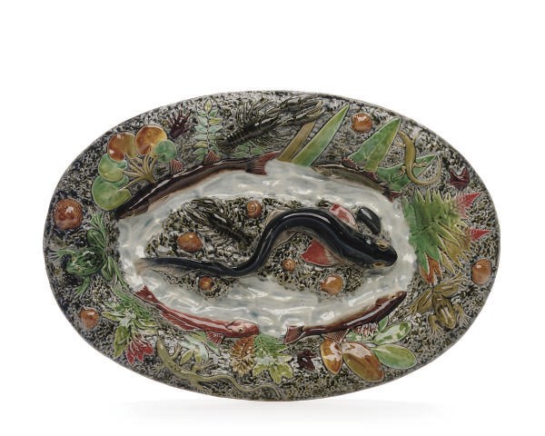 A FRENCH PALISSY-STYLE TROMPE L'OEIL OVAL PLATTER,