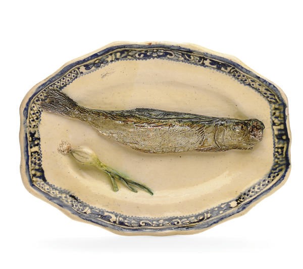 TWO FRENCH PALISSY-STYLE TROMPE L'OEIL SHAPED OVAL DISHES,