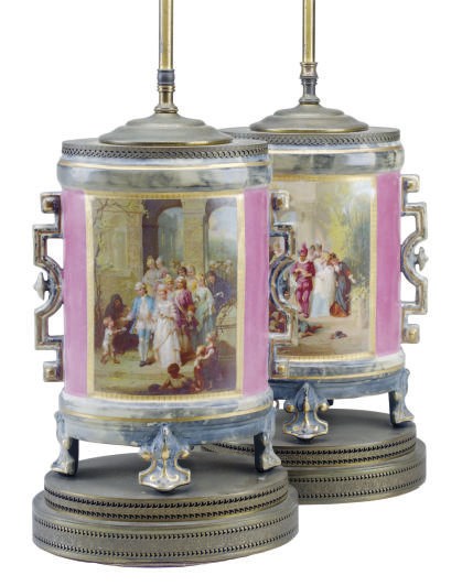 A PAIR OF FRENCH PORCELAIN PINK-GROUND CHINOISERIE VASES MOUNTED AS LAMPS,