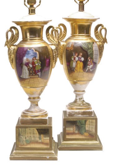 A PAIR OF PARIS PORCELAIN GOLD GROUND VASES MOUNTED AS LAMPS,