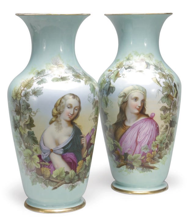 A PAIR OF CONTINENTAL LIGHT GREEN GROUND VASES WITH PORTRAITS OF MAIDENS,