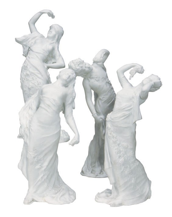A GROUP OF FOUR FRENCH BISCUIT FIGURES OF CLASSICALLY-DRESSED MAIDENS,