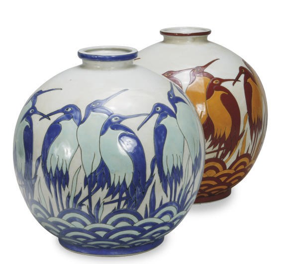 TWO CERAMIC VASES DECORATED WITH STORKS,