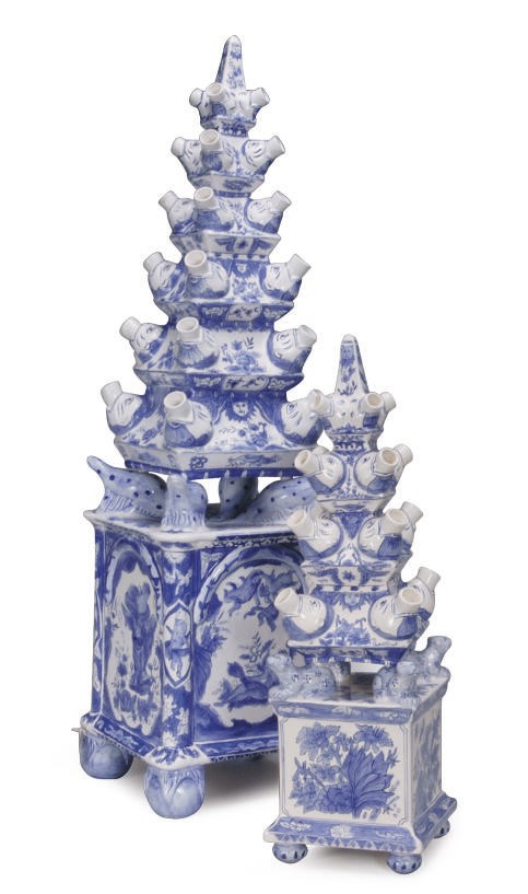 TWO ITALIAN CERAMIC TULIPARIES AND BASES IN GRADUATED SIZES,